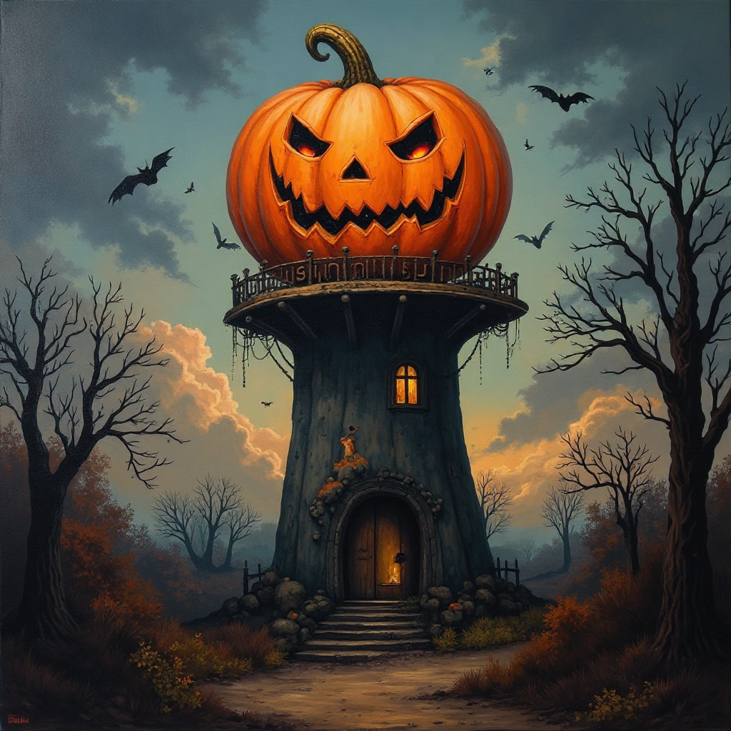 ハロウィーンのテーマパークの油絵と恐怖のカボチャ