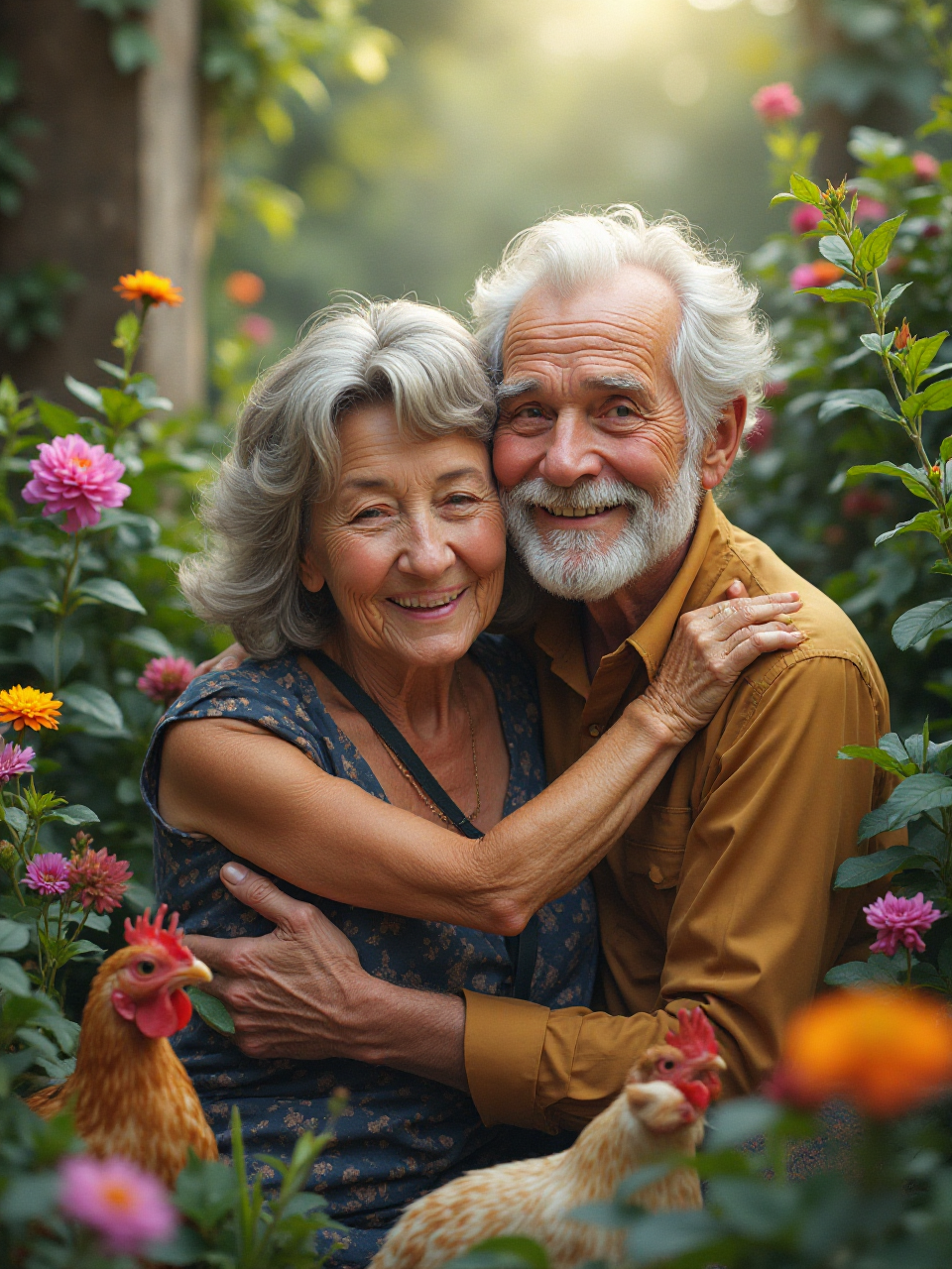 Elderly Couple Garden Hug Animals